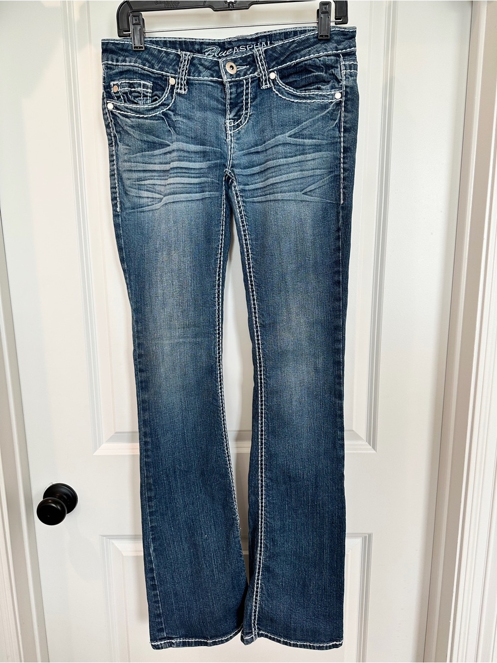 Blue Asphalt Y2K Women's Long Bootcut Jeans with White Stitching